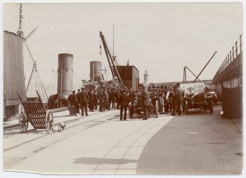 Cars are unloaded at Douglas quay for the 1905 Isle of Man TT