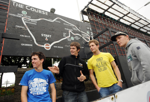 Manx TT star Conor Cummins passes on tips to riders Dan Cooper, Victor Cox and AJ Venter (Stephen Davison/PPI)